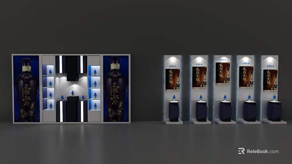 Display Shelves With Blue Bottles Illuminated Lighting And Wall Product 3d model 