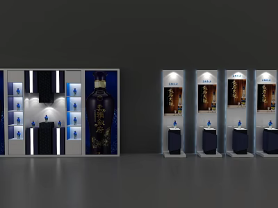 Display Shelves With Blue Bottles Illuminated Lighting And Wall Product 3d model