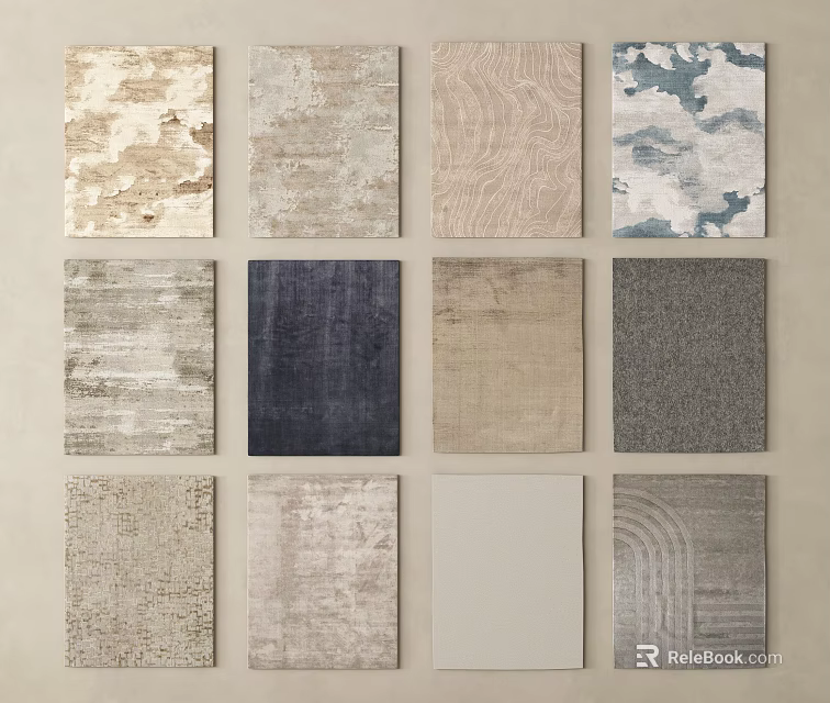 Diverse Square Rugs Featuring Textured Patterns And Assorted Color Tones 3d model