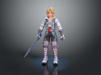 Man In Silver Armor With Red Accents Holding Long Sword Standing Confidently 3d model