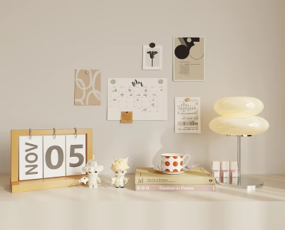 Decorative Ornament Set with Calendar Small Figurines Table Lamp Wall Art and Books 3d model