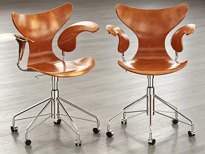 Pair of Brown Leather Office Chairs With Modern Metal Base And Wheels 3d model