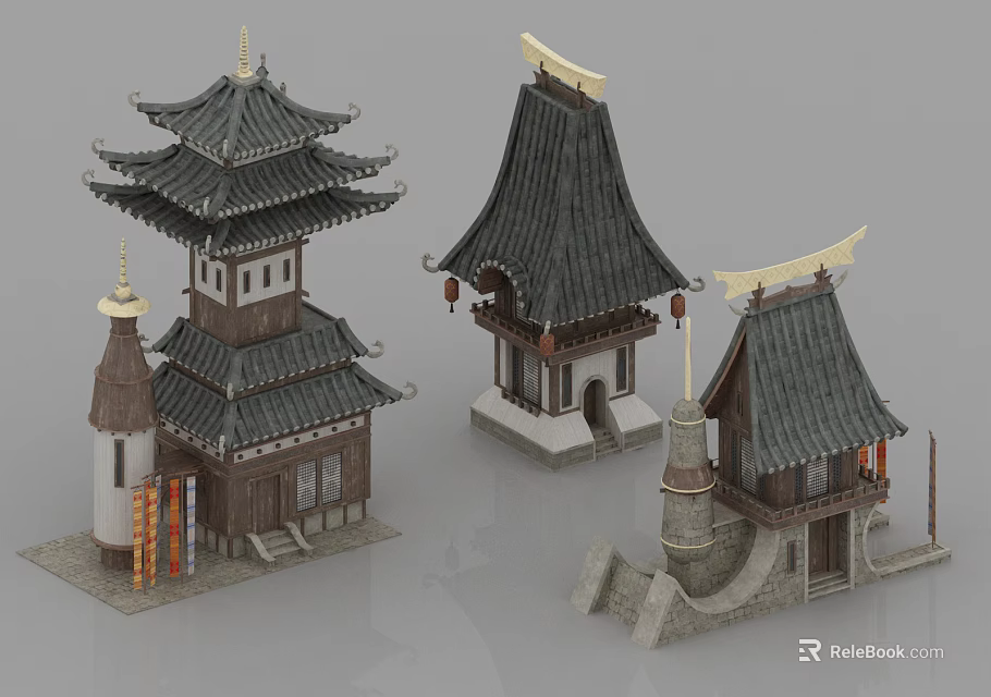 Ancient Chinese Architectural Models Featuring Traditional Roofs And Decorative Elements 3d model