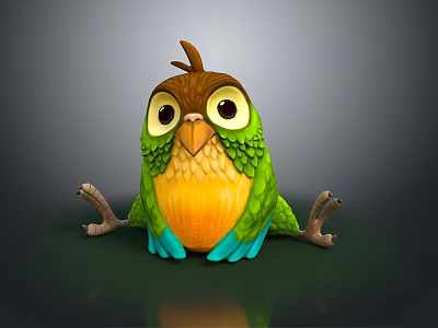 Cute Cartoon Bird With Green Feathers Yellow Belly Blue Claws And Big Eyes 3d model
