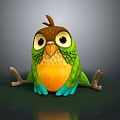 Cute Cartoon Bird With Green Feathers Yellow Belly Blue Claws And Big Eyes