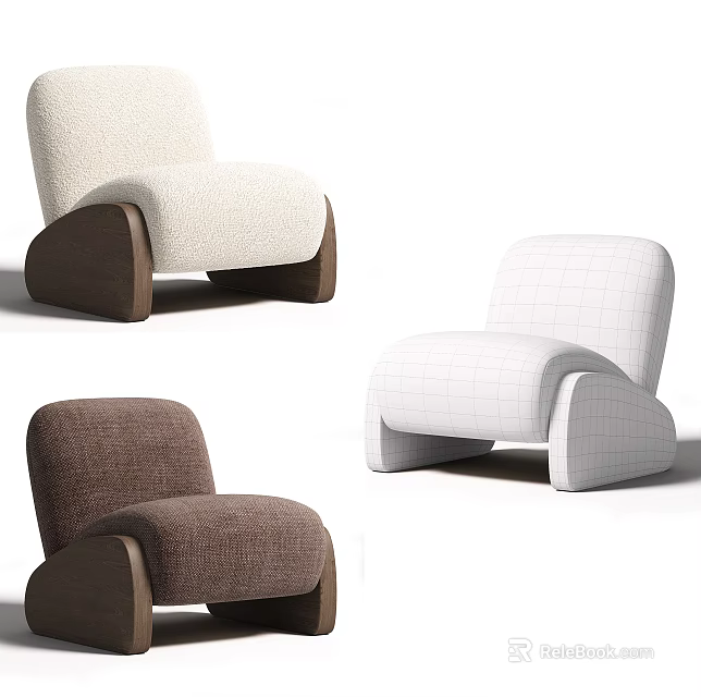 Beige White And Brown Upholstered Leisure Chair With Modern Minimalist Design And Wooden Legs 3d model 