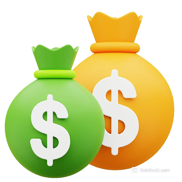 Green And Orange Money Bags Decorative Ornament Set With White Dollar Signs 3d model 