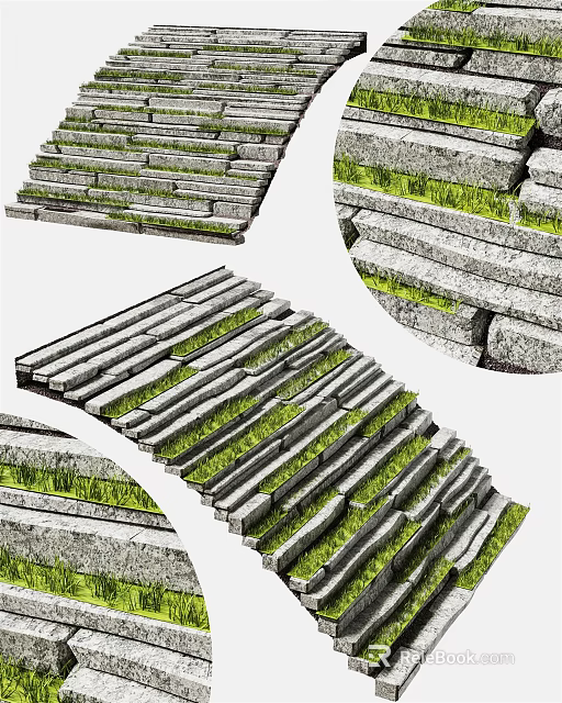 Curved Stone Staircase Design With Green Grass Between Steps And Natural Elements 3d model 