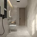 Modern Bathroom Interior With Marble Walls Round Mirror Vanity And Wall Mounted Toilet