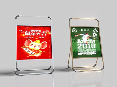 Display Shelves with Red and Green Billboard Designs for 2020 Rat Year and 2018 Soccer 3d model