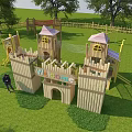 Wooden Playground Equipment With Tower Slide Green Grass And Trees In Outdoor Area