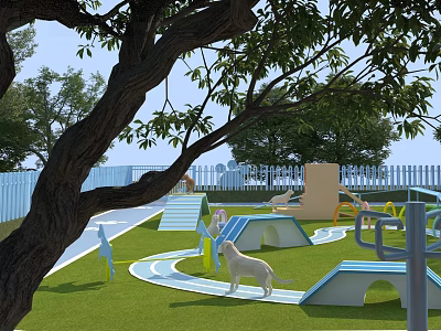 Outdoor Swing Door In Lawn Area With Trees Playground And White Dog 3d model