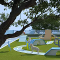 Outdoor Swing Door In Lawn Area With Trees Playground And White Dog