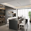 Modern Restaurant Kitchen Interior Design With Black Cabinets Island Wine Storage And Bright Windows
