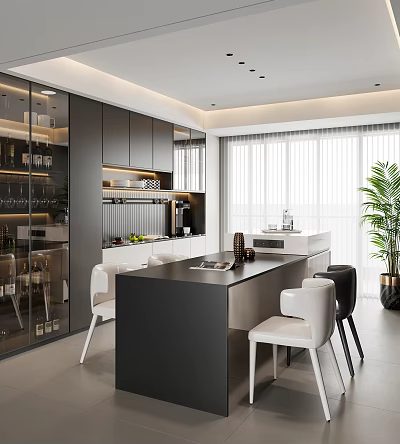 Modern Restaurant Kitchen Interior Design With Black Cabinets Island Wine Storage And Bright Windows 3d model
