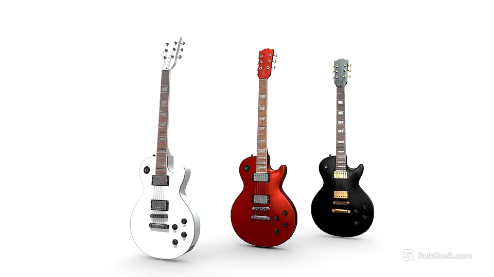 Three Electric Guitars In White Red Black Colors Musical Instruments Design 3d model 