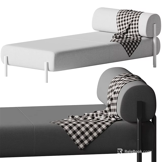 Modern Sofa Bench With Light And Dark Gray Upholstery And Plaid Blanket 3d model 