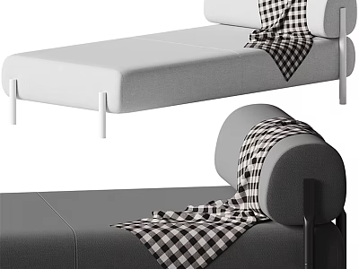 Modern Sofa Bench With Light And Dark Gray Upholstery And Plaid Blanket 3d model