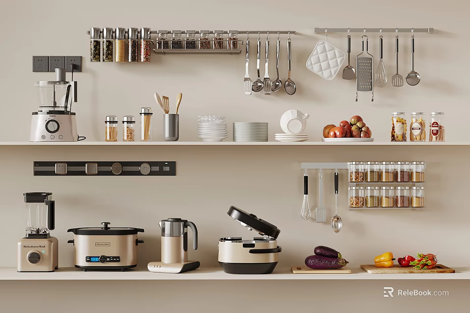 Organized Kitchen Shelves With Hanging Utensils Spices Appliances And Fresh Ingredients 3d model 