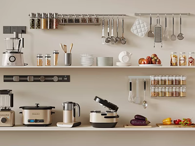 Organized Kitchen Shelves With Hanging Utensils Spices Appliances And Fresh Ingredients 3d model