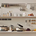 Organized Kitchen Shelves With Hanging Utensils Spices Appliances And Fresh Ingredients