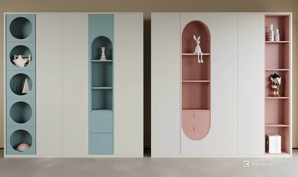 Blue White And Pink Wardrobe With Curved Open Shelves Rabbit Figurine Small Decorations And Drawers 3d model 