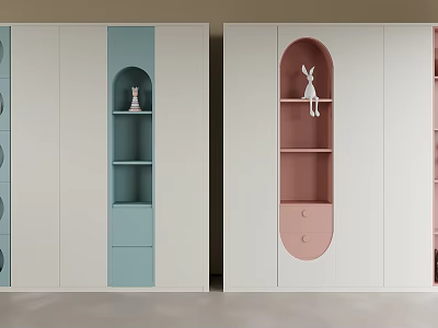 Blue White And Pink Wardrobe With Curved Open Shelves Rabbit Figurine Small Decorations And Drawers 3d model