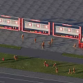 Fire Station Aerial View With Red Fire Trucks Parked On Plaza Billboards Grass And Road