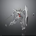 Silver Mecha Character With Red Core Holding Spear Shield In Dynamic Pose And Floating Fragments