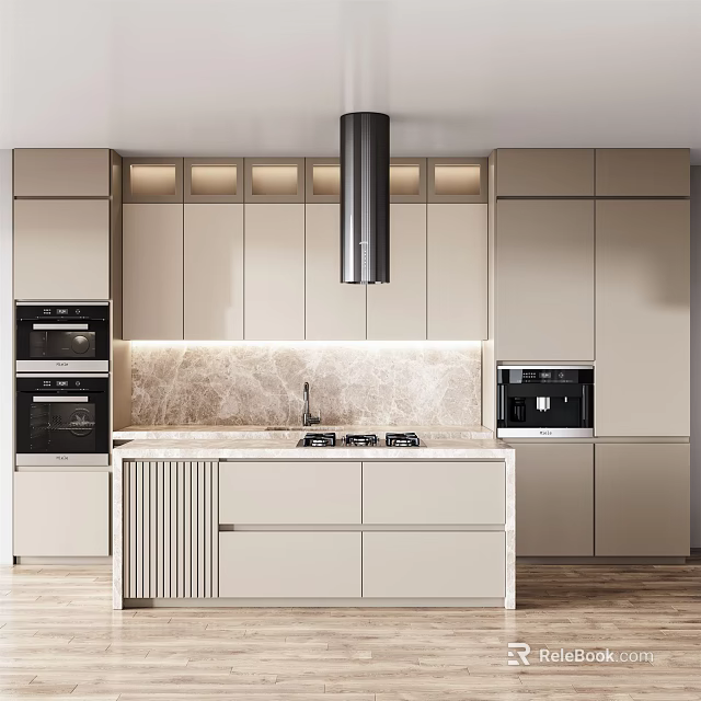 Modern Kitchen Cabinets With Marble Countertop Range Hood And Integrated Appliances 3d model 