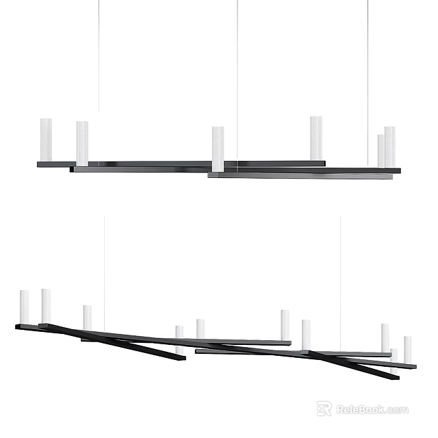 Modern Linear Pendant Light Design With Black Frame And White Cylindrical Shades 3d model 