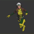 White Haired Female Superhero Character Flying In Yellow Green Costume With Brown Leather Jacket