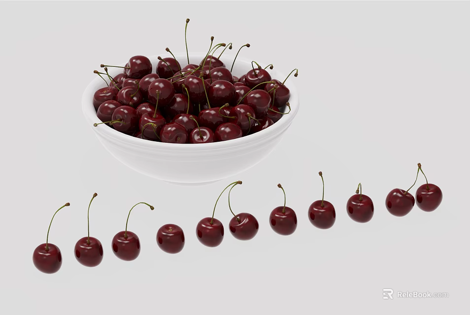 Fresh Dark Red Cherries Filled in White Bowl with Scattered Ones Around 3d model 