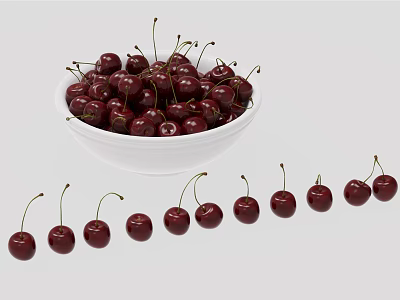 Fresh Dark Red Cherries Filled in White Bowl with Scattered Ones Around 3d model