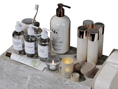 Luxury Skincare Products Display On Marble Countertop With Scented Candles And Soft Towels 3d model