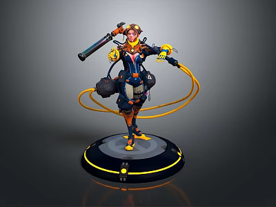 Futuristic Game Movie Character In Armored Suit Holding Weapon With Yellow Cables And Circular Base 3d model