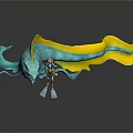 3D Mythical Creature With Blue Green Yellow Long Tail And Shiny Surface Reflection