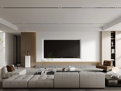 Modern Living Room Interior Design With Large TV White Sofa And Wooden Accents 3d model