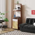 Wooden Shelf with Yellow Door Camera Lamp and Blue Vase in Living Room