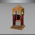 Wooden Prayer Kiosk Featuring Red Curtains Cross On Top And Small Table Inside
