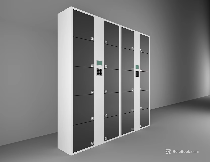 Modern Storage Cabinet Rack With White Frame And Multiple Dark Lockable Doors 3d model 