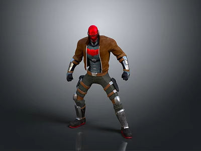 3D Action Character Model With Red Helmet Brown Jacket Gray Pants And Metal Leg Guards 3d model
