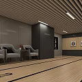 Modern Sports Fitness Indoor Archery Range With Targets Chairs Wooden Floor And Ceiling Lights