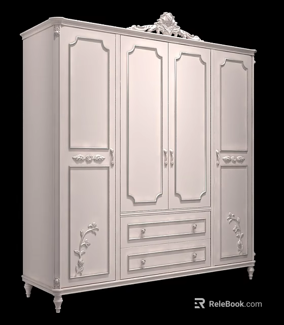 Classic White Wardrobe with Intricate Carved Details featuring Elegant Doors and Functional Drawers 3d model 