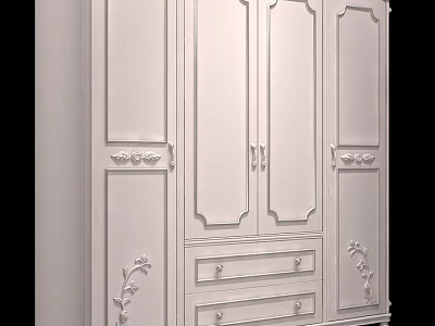 Classic White Wardrobe with Intricate Carved Details featuring Elegant Doors and Functional Drawers 3d model