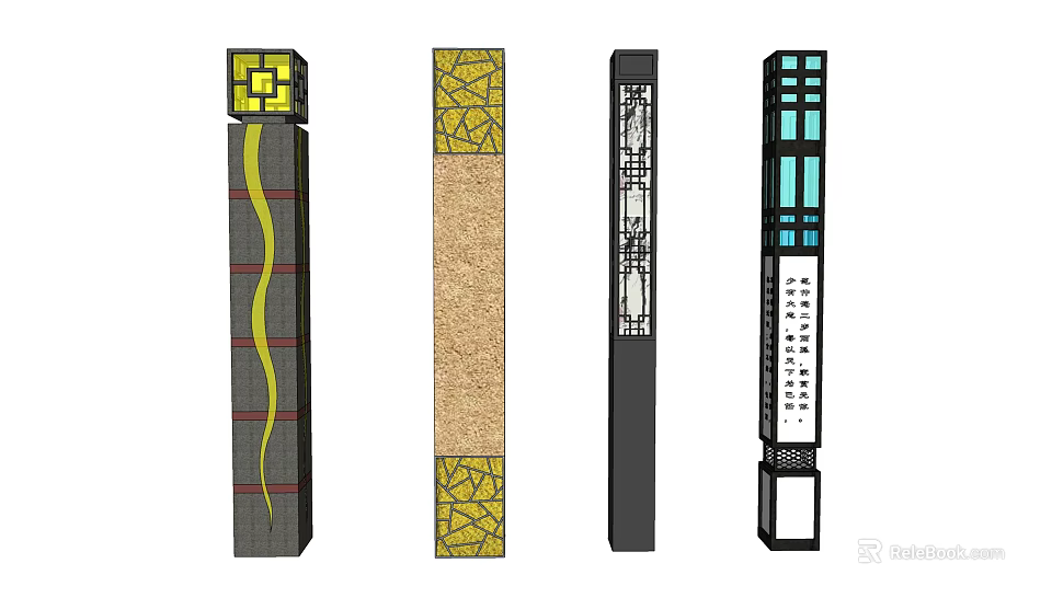 Various Design Column Outdoor Lights With Decorative Patterns For Garden Pathway 3d model