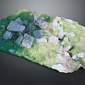 Wood And Stone Materials In Natural Outdoor Landscape With Green Grass