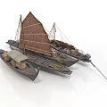 Traditional Wooden Sailboat Models With Brown Sails Different Sizes And Structures 3d model