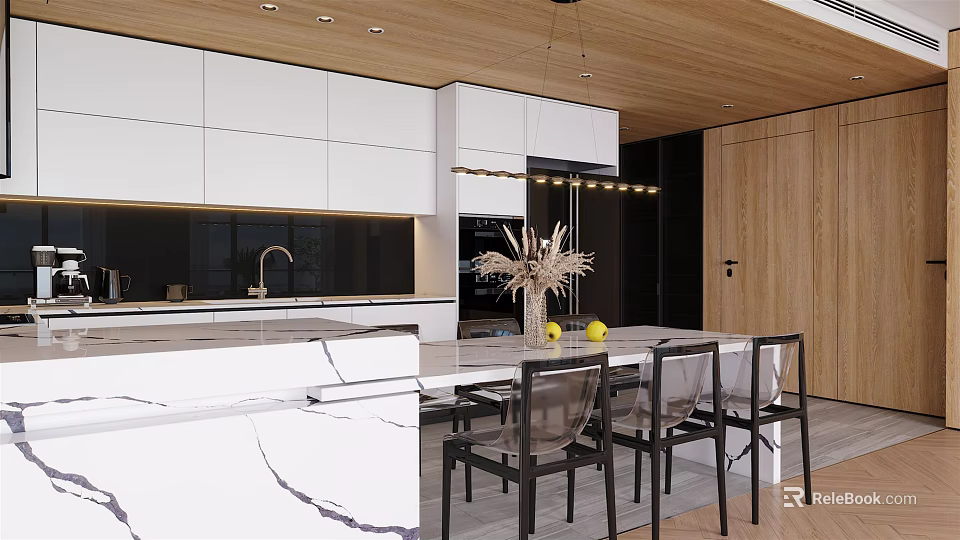 Modern Living and Dining Room Interior With Marble Counter and White Cabinets 3d model 