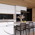 Modern Living and Dining Room Interior With Marble Counter and White Cabinets